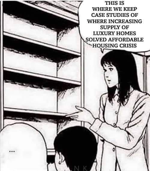 This meme is a humorous illustration of a typical university lecture setting. A student is shown raising their hand, while the lecturer is standing at the front of the room, pointing to a bookshelf. The text above the lecturer's head reads: "This is where we keep all the case studies on successful startups that failed because they listened to their users."